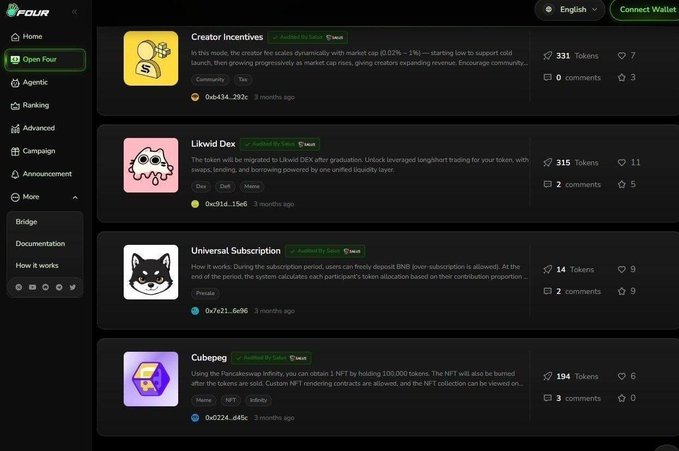A screenshot of the 'FOUR' platform interface, showing a list of proposals including 'Creator Incentives', 'Likwid Dex', 'Universal Subscription', and 'Cubepeg' with token voting counts, comments, and approval statuses from '0x' addresses.