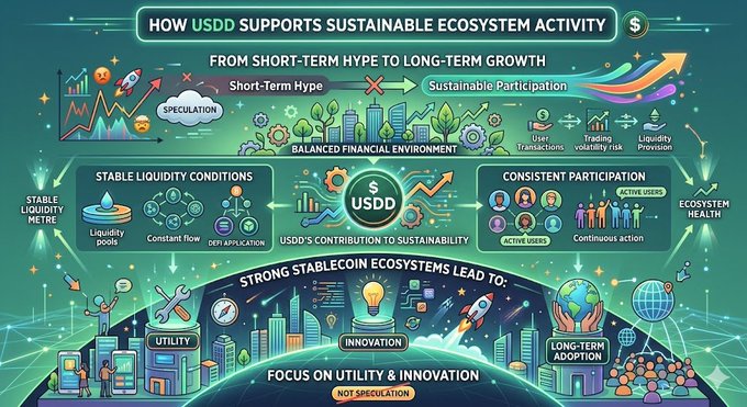 The image presents a flow chart illustrating how USDD supports sustainable ecosystem activity. It starts with a focus on stablecoins as a way to create a more balanced financial environment that allows users to transact, trade, and provide liquidity. The flow then goes through various stages of long-term ecosystem growth such as stablecoin ecosystems leading to increased participation in sustainability platforms. The diagram also includes colorful illustrations representing different aspects of sustainable ecosystem development, like the use of cryptocurrencies for sustainable financing or smart cities powered by blockchain technology.