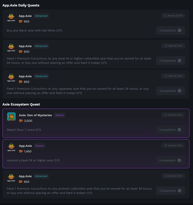 A screenshot of completed daily quests in the Axie Infinity game (App.Axie Daily Quests and Axie Ecosystem Quest), showing rewards in BP tokens for tasks like feeding Cocochocho and reaching floor 7.