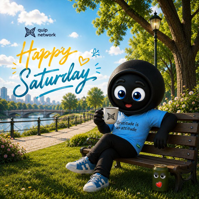 A cheerful black cartoon mascot wearing a blue 'Gratitude is an attitude' t-shirt sits on a park bench holding a coffee mug, with 'Happy Saturday' and 'quip network' text displayed in a sunny park setting.