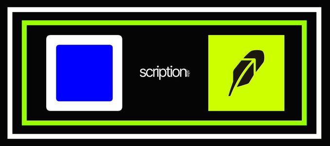 A promotional graphic featuring a blue square icon next to the "scription" logo and a lime-green square with a quill/feather symbol, all framed by a green border on a black background. The imagery visually represents the "SCRIPTION" inscription service described in the post, with the feather icon symbolizing the act of inscribing digital content on blockchain networks like Base or Robinhood.
