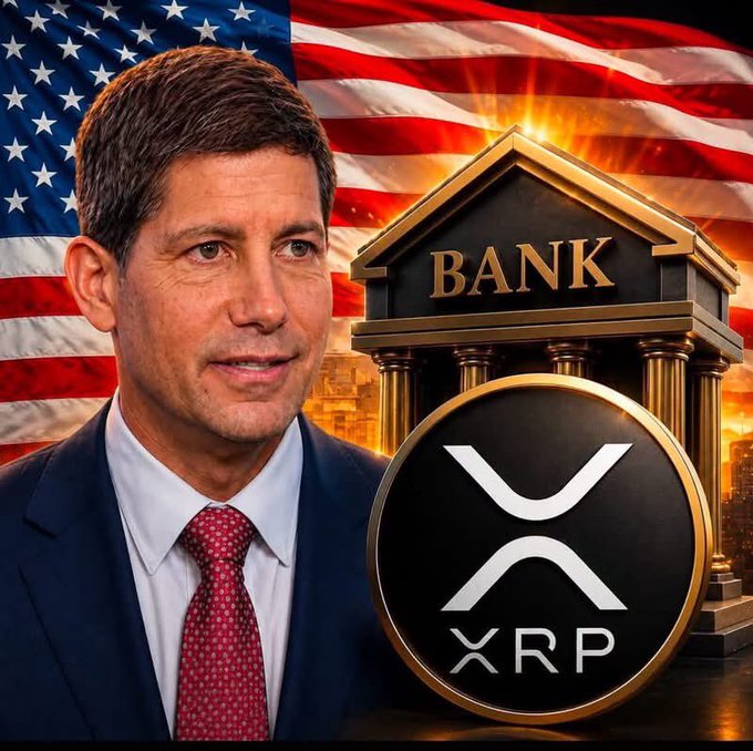 An image featuring a man in a suit with an American flag in the background, alongside a bank building graphic and the XRP cryptocurrency logo, likely related to crypto banking news.