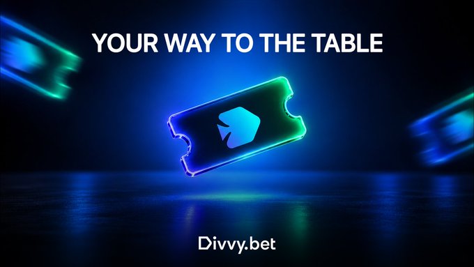 A promotional graphic with the text 'YOUR WAY TO THE TABLE' above a glowing neon blue and green ticket-shaped logo, with 'Divvy.bet' written at the bottom on a dark background.