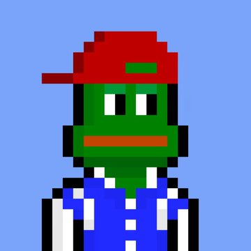 A pixel art character featuring a green face, red backwards cap, and blue jacket with white trim against a solid blue background.