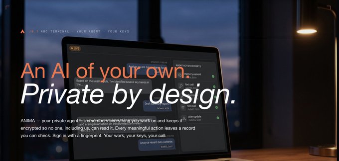 Promotional website hero for ANIMA, a private AI agent, with the tagline 'An AI of your own. Private by design.' displayed over a laptop showing an encrypted chat interface.