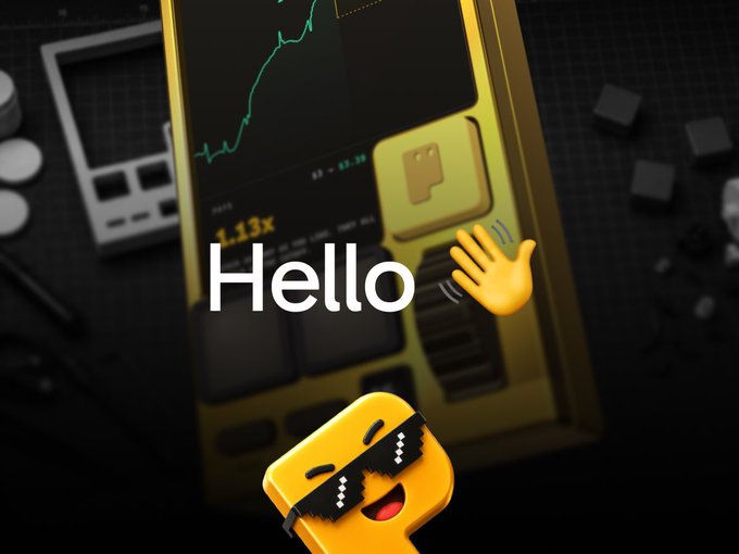 A yellow handheld crypto-trading device displays a 1.13x chart gain alongside a waving hand emoji and a laughing-shades emoji over the word "Hello." The image playfully reflects the post's casual, under-the-radar tone—celebrating early PIPS discoverers while teasing a future Sui-focused announcement.