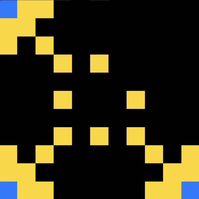 A pixel art image depicting a simple smiling face made of yellow squares on a black background, with blue squares in the corners.