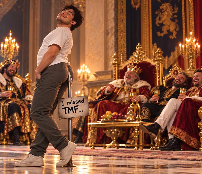 A casual young man in a white t-shirt and khaki pants holds a sign reading "I missed TMF.." while standing in an opulent throne room, surrounded by laughing kings wearing crowns and royal robes, visually exaggerating his punishment for missing the broadcast. The scene humorously dramatizes the post's playful callout about not missing TMF, framing forgetfulness as a royal crime worthy of mockery.