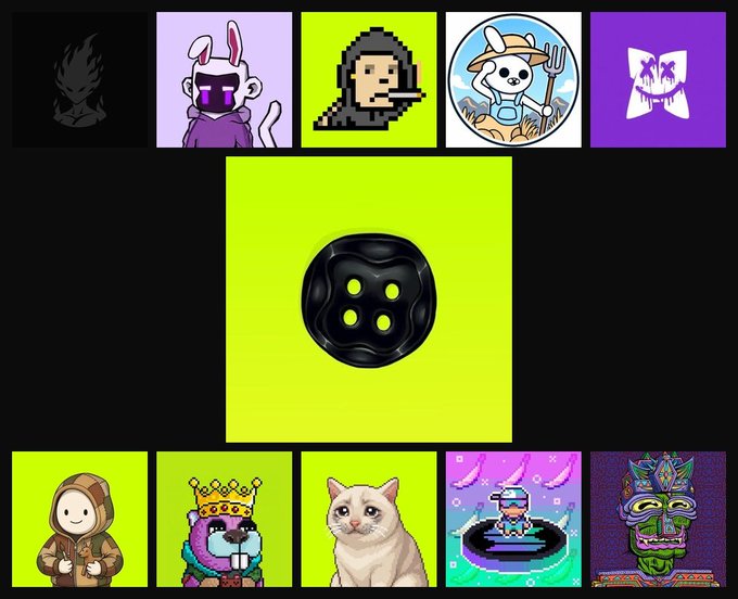A promotional collage showcasing NFT mint collections for August 25, featuring artwork previews from The Doll Club, BLACK, INKmonkey, and HoodWorms projects, with the central image displaying a glossy black button-like object on a neon green background serving as the main graphic anchor for the daily mint announcements.