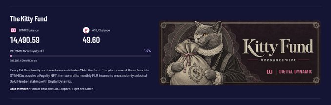 A cryptocurrency NFT project webpage titled 'The Kitty Fund' showing a DYNMT balance of 14,490.59 and WFLR balance of 49.60, with an illustration of a cat holding a money bag and the 'Digital Dynamix' logo.