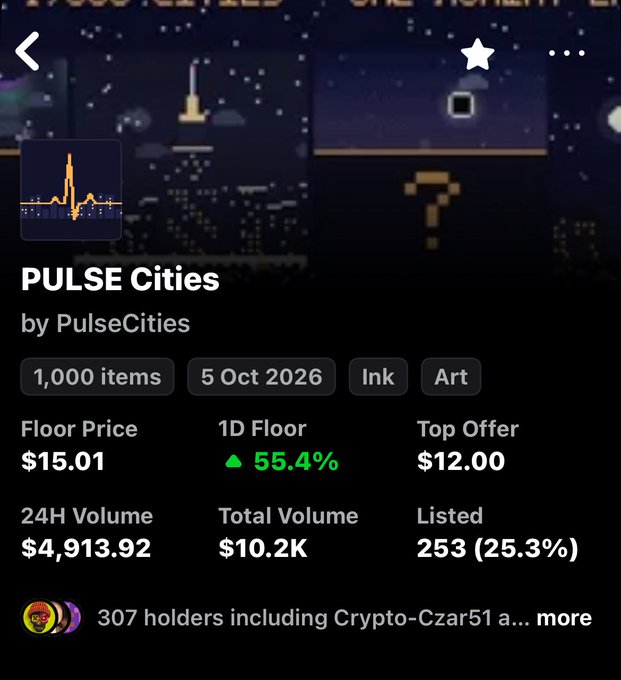 An NFT collection listing on a marketplace titled 'PULSE Cities' by PulseCities, showing 1,000 items, a floor price of $15.01, top offer of $12, 24H volume of $4,913.92, and 307 holders including Crypto-Czar51.