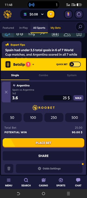 Screenshot of the Roobet betting app showing a single bet on 'Spain vs Argentina' with odds of 3.6, a $25 bet, and a potential win of $90.00.