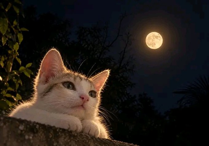 A nighttime photograph of a white and tabby kitten resting its paws on a ledge, gazing upward at a bright full moon in a dark blue sky with silhouetted trees in the background.