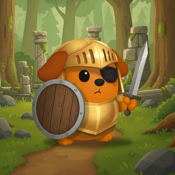 A cartoon illustration of an orange dog dressed as a knight, wearing a golden helmet and eye patch, holding a wooden shield and sword in a forest setting with stone ruins.