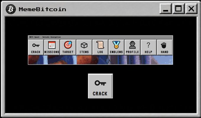 A retro-styled graphical user interface window titled 'MemeBitCoin' displaying menu options including 'CRACK', 'MISSIONS', 'TARGET', 'ITEMS', 'LOG', 'EMBLEMS', 'PROFILE', 'HELP', and 'HAND', labeled as 'Satoshi Encryption'.