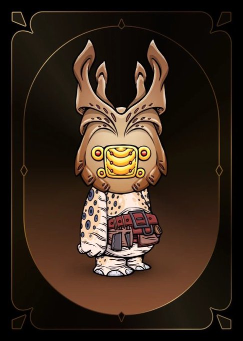 An illustrated character in a decorative brown frame, wearing an ornate antlered helmet with a yellow visor and a backpack labeled 'HARDER'.