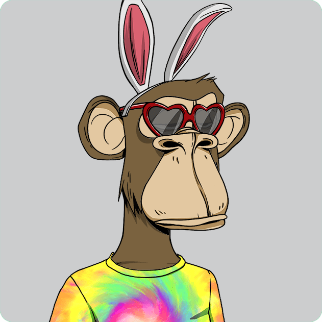 A cartoon illustration of a Bored Ape-style monkey character wearing white bunny ears, red heart-shaped sunglasses, and a tie-dye t-shirt.