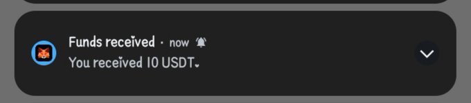 A notification reading 'Funds received' showing 'You received 10 USDT.'
