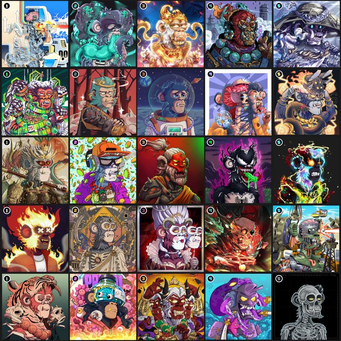 A 5x5 grid displaying 25 distinct, stylized digital NFT artwork portraits of various characters including monkeys, skeletons, and warriors in vibrant colors, numbered 1-25 in the top-left corners, promoting a PrimalNFTx Discord voting campaign after achieving a top 25 ranking.