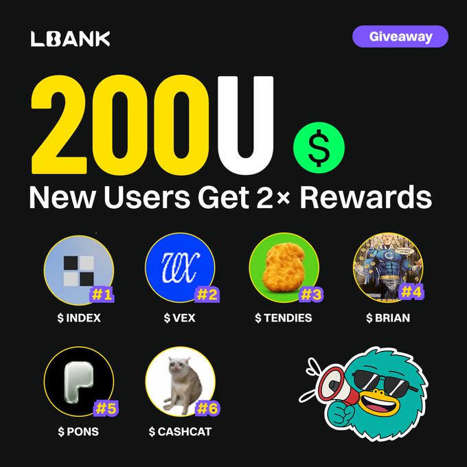 The image is a promotional giveaway banner from LBank featuring a "200U $" (USDT) prize pool with "2× Rewards" for new users, displaying six Robinhood Chain tokens ranked: $INDEX (#1), $VEX (#2), $TENDIES (#3), $BRIAN (#4), $PONS (#5), and $CASHCAT (#6), alongside LBank's mascot holding a megaphone. It visually supports the accompanying post about the Robinhood Chain Trading Challenge, illustrating the eligible trending tokens users can trade to qualify for a share of the 200 USDT prize pool between July 17–20.