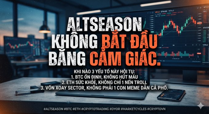 A graphic titled 'ALTSEASON KHÔNG BẮT ĐẦU BẰNG CẢM GIÁC' (Altseason doesn't start with feelings) overlaid on an office desk with trading charts, listing 3 conditions: BTC stable without absorbing liquidity, ETH strong without altcoin trolling, and money in sectors not in random memecoins.