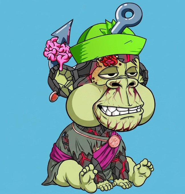 A zombie Bored Ape NFT with exposed brain, green hat, wind-up key, and a knife through its head, wearing a tattered robe against a teal background.
