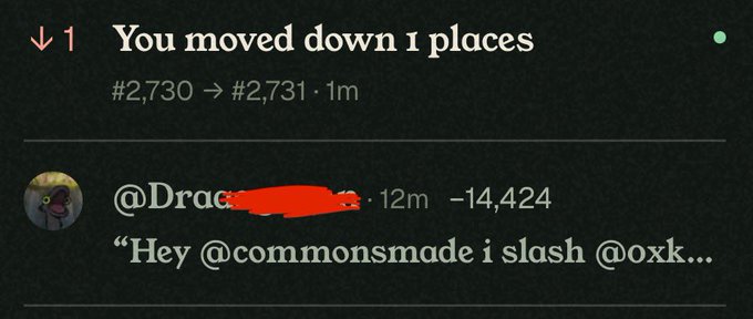 A screenshot of a leaderboard notification showing a user dropped from rank #2,730 to #2,731 after slashing @oxk..., who replied "Hey @commonsmade i slash @oxk..." with a -14,424 score, illustrating the post about blacklisting users from a polymarket airdrop.