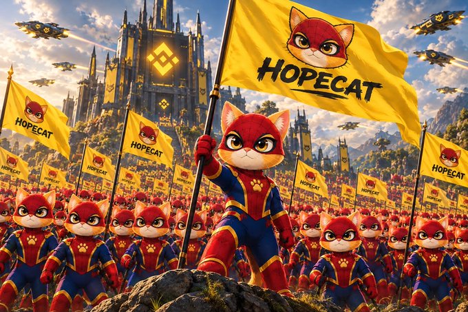 An AI-generated illustration of numerous anthropomorphic cat characters in superhero costumes waving 'HOPECAT' flags in front of a castle.