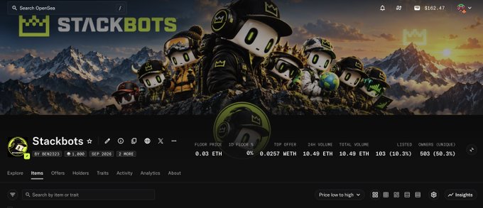Screenshot of the OpenSea NFT collection page for "Stackbots" by BEER2323, showing banner art of robot characters against a mountain backdrop, with stats including a floor price of 0.03 ETH, top offer 0.0257 ETH, and 10.49 ETH volume.