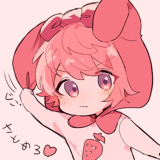 An anime-style chibi illustration of a pink-haired character in a pink strawberry-themed hooded outfit, waving, with the Japanese text 'かとぬ3♥' in the corner.