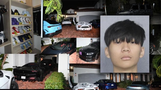 A 22-year-old suspect, identified as Malone Lam, is shown in a mugshot-style portrait amid a collage of his lavish lifestyle, including a closet filled with dozens of designer sneakers, multiple luxury supercars (including Lamborghinis, Ferraris, and Rolls Royces) parked in his driveways and garages, and other high-value assets—all allegedly purchased using 4,100 BTC (~$245 million USD) obtained through a cryptocurrency scam ring, with authorities ultimately seizing 28 supercars.