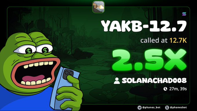 A Pepe the Frog meme image promoting a 'YAKB-12.7' call by 'SOLANACHADO08' that resulted in a 2.5X gain at 12.7K, with a timer showing 27m, 39s remaining.