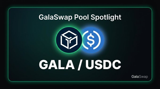 A "GalaSwap Pool Spotlight" graphic highlighting the GALA/USDC liquidity pair, featuring the GALA cube logo and USDC coin icon alongside the displayed text "GALA / USDC."