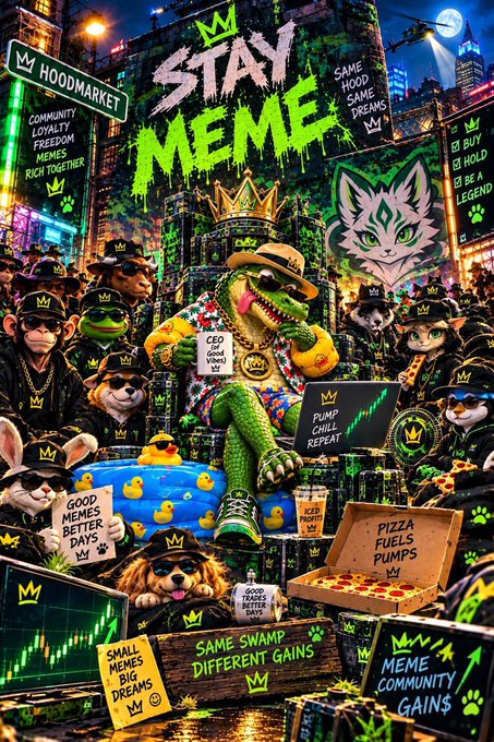 A vibrant meme-themed illustration featuring a crowned alligator in streetwear, cats, ducks, and dogs wearing crowns, surrounded by signs reading 'STAY MEME,' 'STAY HOODMARKET,' 'HODL,' 'BUY/HOLD BE A LEGEND,' 'PIZZA FUELS PUMPS,' 'SAME SWAMP DIFFERENT GAINS,' and 'MEME COMMUNITY GAINS,' with a green stock chart in the background.