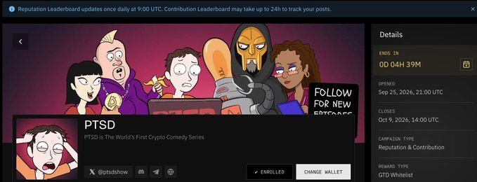 Screenshot of a crypto project page for 'PTSD' described as 'the World's First Crypto Comedy Series,' showing cartoon characters and details including 'ENDS IN 0D 04H 39M' and a GTD Whitelist reward type.