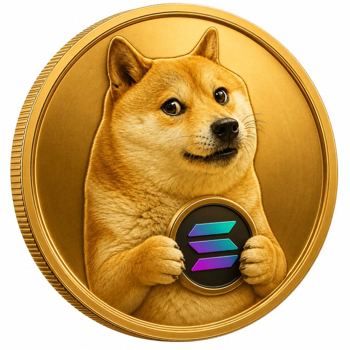 A gold coin features a Shiba Inu dog holding a smaller coin displaying the Solana logo, set against a white background.