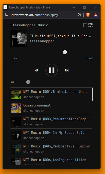 A screenshot of the Brave browser showing a music player interface for Stereohopper Music, currently playing 'FT Music #007_WakeUp-It's Cod...' at 3:47 of 5:40, with a list of NFT music tracks below.