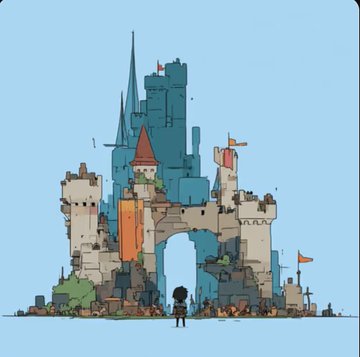 A pixel art illustration of a medieval castle with blue towers, gray stone walls, and orange/red banners, with a small silhouetted figure standing in front of it against a light blue sky.