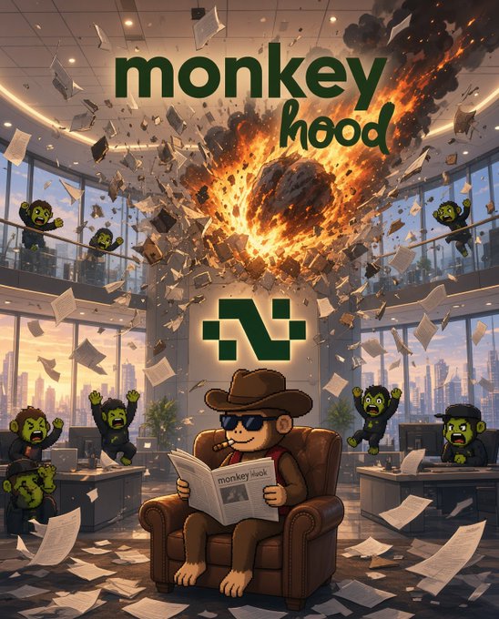 A promotional image with the text 'monkey hood' showing a monkey wearing a hat and sunglasses reading a newspaper in a leather chair, while chaos erupts in the background office with papers flying and an explosion.