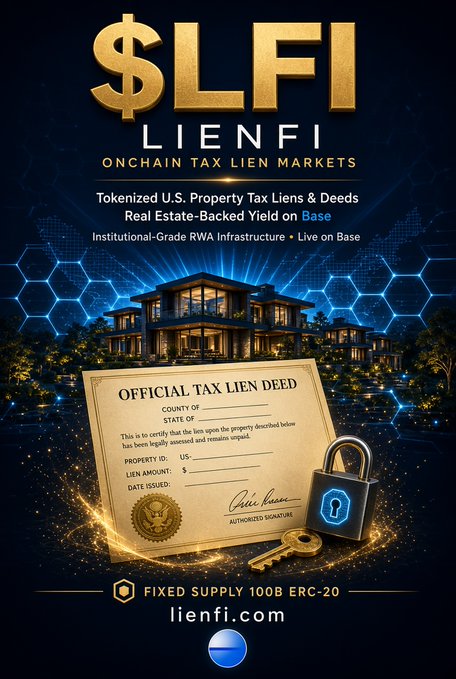 A promotional graphic for $LFI (LIENFI), promoting tokenized U.S. property tax liens on Base blockchain with text 'OFFICIAL TAX LIEN DEED' and 'FIXED SUPPLY 100B ERC-20' along with the website lienfi.com.