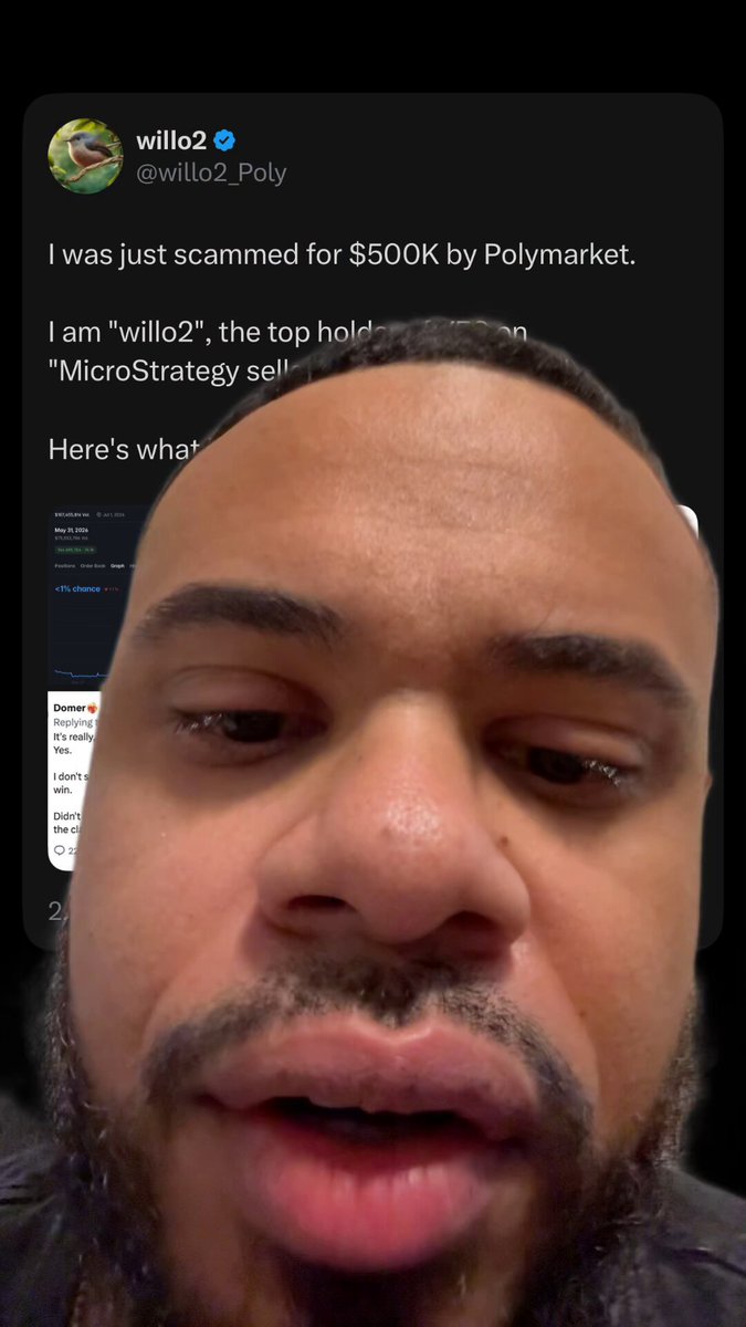 The image shows a man with a beard making a funny or surprised face with his mouth open. The caption for the image includes some text about Polymarket, which seems unrelated to the man's facial expression. The post also features a screenshot of a Twitter message from the person whose photo is in the image, asking if Polymarket is out of $500,000. The message does not seem connected to the man's face or the overall theme of the image.