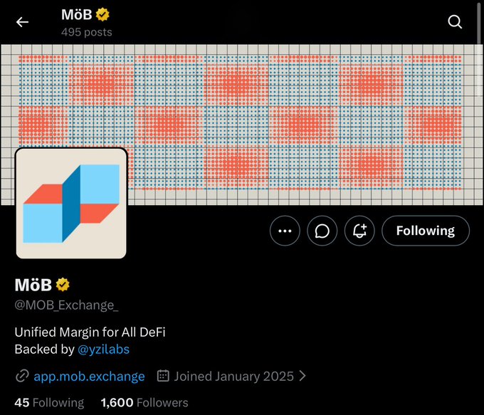 The image shows the Twitter/X profile page for "MöB" (@MOB_Exchange_), a DeFi project with 495 posts and 1,600 followers, describing itself as "Unified Margin for All DeFi" backed by @yzilabs. The profile features a geometric 3D logo with red and blue shapes, aligning with the post's claim that MöB provides a unified margin solution for perp DEXs like Hyperliquid and Lighter, recently gaining recognition on Robinhood Chain.