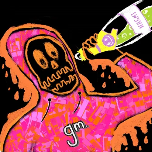 A colorful, stylized illustration of an orange hooded figure with a skull face is shown drinking from a green bottle labeled "HAGGIS," with the text "9m." below.
