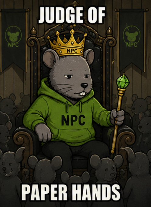 A cartoon illustration of a mouse wearing a green 'NPC' hoodie and a golden crown, sitting on a throne surrounded by other mice, with text reading 'JUDGE OF PAPER HANDS'.
