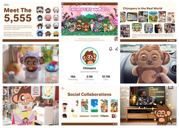 A collage of social media posts and promotional images for 'Chimpers' NFT collection, showing 5,555 unique chimp characters with 2.1M followers and social collaborations with brands like Starbucks, McDonald's, and Wendy's.
