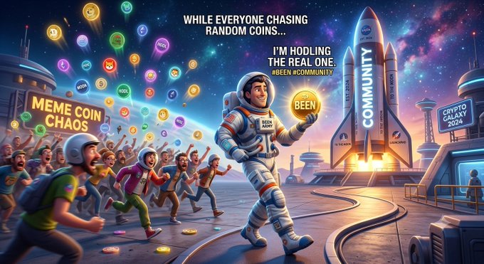 A cartoon-style illustration showing a man in an astronaut suit holding a 'BEEN' coin while a crowd chases meme coins, with text reading 'WHILE EVERYONE CHASING RANDOM COINS... I'M HODLING THE REAL ONE. #BEEN #COMMUNITY' and signs for 'MEME COIN CHAOS' and 'CRYPTO GALAXY 2024'.