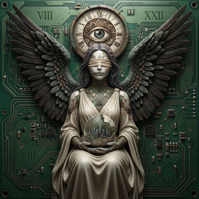 A digital artwork of a blindfolded angelic figure with large feathered wings, holding a cracked globe, set against a green circuit board background with Roman numerals and an eye emblem.