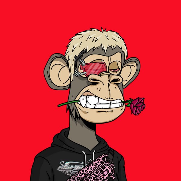 A digital illustration of a cartoon monkey with blonde hair, wearing a red visor and black hoodie, holding a red rose in its teeth against a red background.