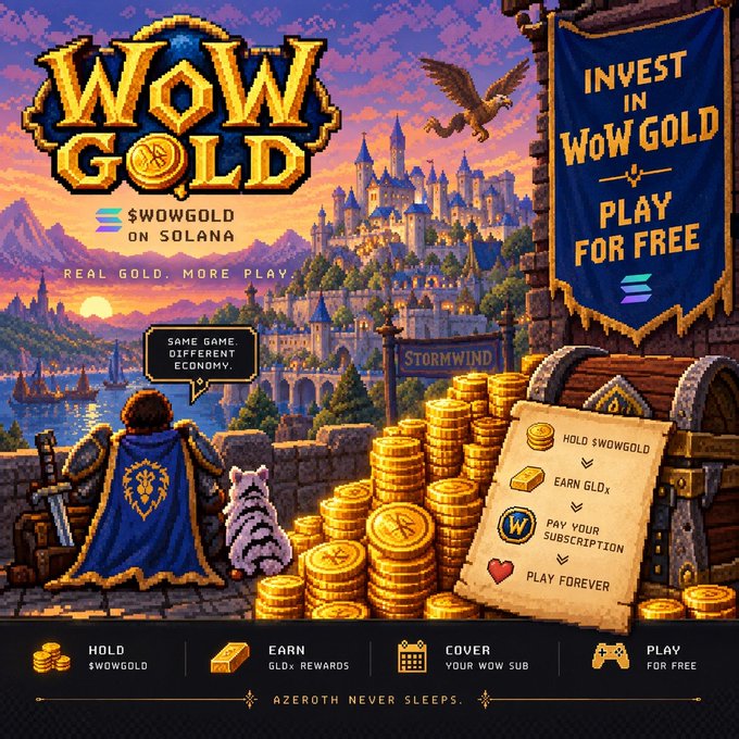 A pixel-art style promotional graphic for 'WoW Gold' on the Solana blockchain, featuring a WoW character looking over a gold coin-filled Stormwind, with banners reading 'INVEST IN WoW GOLD PLAY FOR FREE' and steps to 'HOLD $WOWGOLD, EARN GLDx, COVER YOUR WoW SUB, PLAY FOR FREE'.