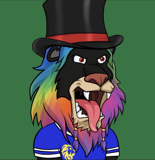 A digital illustration of a lion with rainbow-colored fur, wearing a top hat with a red band and a blue jersey with a lion emblem, against a green background.
